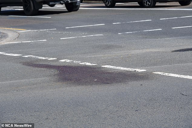 Images from the scene showed bloodstains (pictured) on the road near the gas station