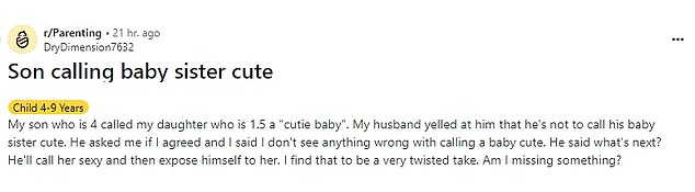 The unnamed woman took to Reddit to reveal that her husband no longer wanted their son to call their one-year-old daughter cute