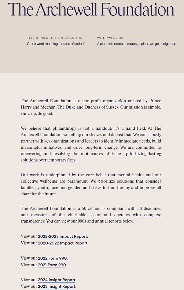 On Archewell's website, the 990 tax returns for 2021 and 2022 are publicly available, but not the last one from 2023. Above the documents released by the charity it says: 'The Archewell Foundation... operates with complete transparency'