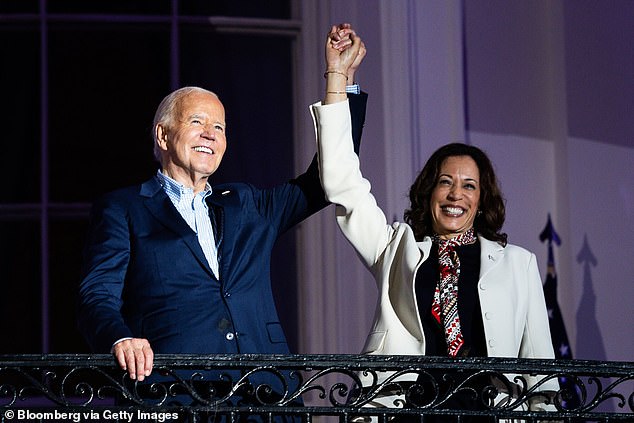 US President Joe Biden (left) and Vice President Kamala Harris on the Truman Balcony of the White House in Washington, DC