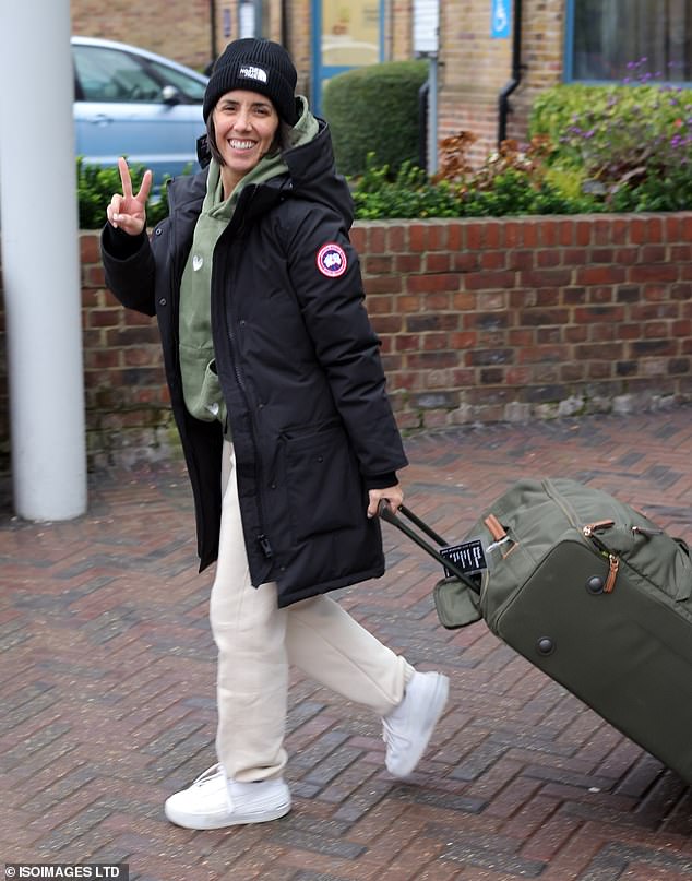 Janette Manrara looked casual in a black Canada Goose jacket and cream sweatpants as she also left the hotel