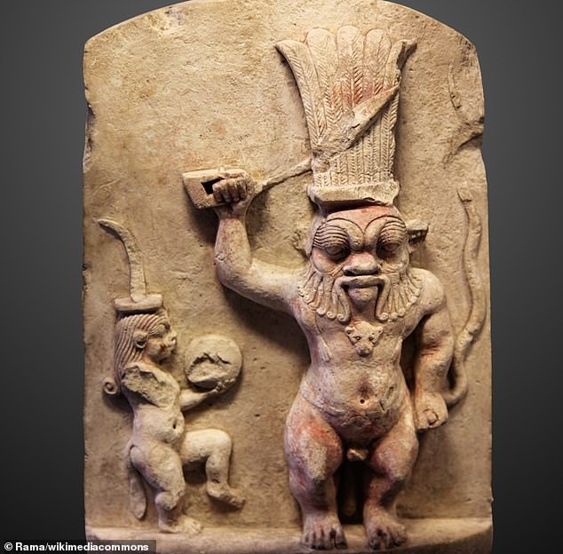 Bes was a minor god in ancient Egyptian religion, depicted as a dwarf with a large head, goggle eyes, protruding tongue, ball feet, bushy tail and usually a crown of feathers (shown here on the left with smaller female counterpart Beset on the right)