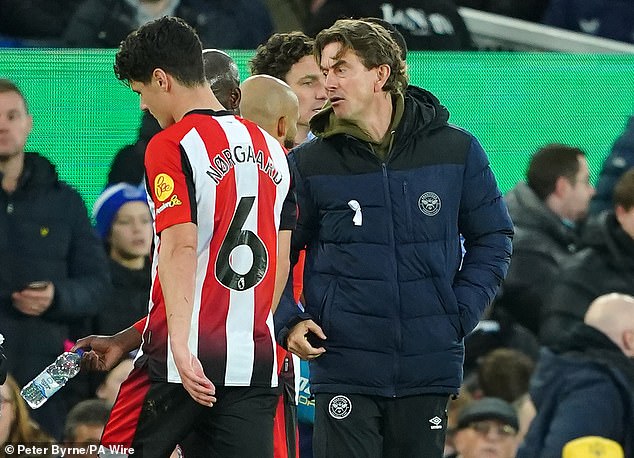 Brentford boss Thomas Frank was shown a yellow card for his reaction to Norgaard's sending-off