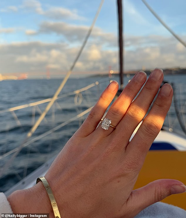 For his second big ask, the influencer chose a large emerald cut stone on a simple gold band