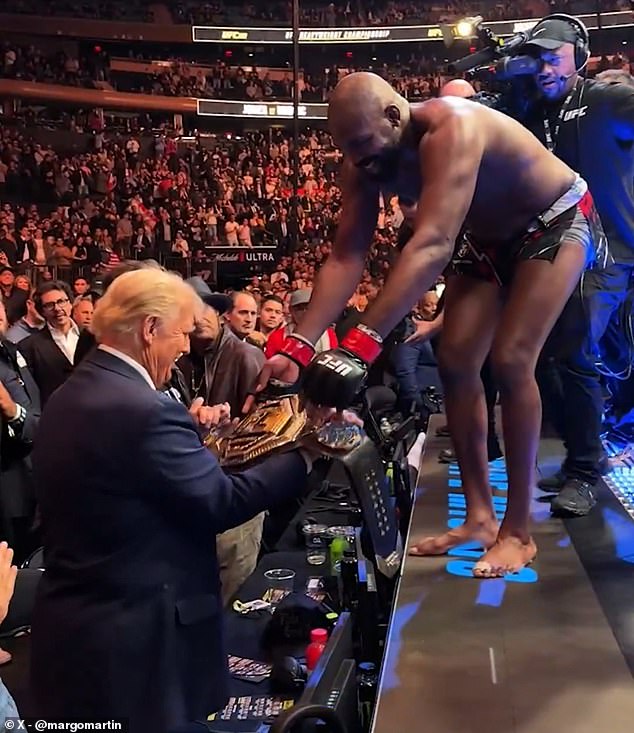 The video captured the moment heavyweight champion Jon Jones presented Trump with his belt