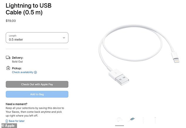 As Apple moves toward USB-C, it is phasing out its remaining Lightning cable products. MailOnline discovered that the Lighting to USB cable (pictured) and Lightning to VGA adapter are also out of stock