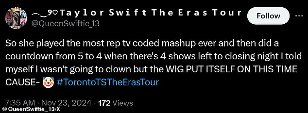 A fan account agreed with the predictions, tweeting, “So she played the most Rep TV coded mashup ever and then counted down from 5 to 4 when there were four shows left until closing night. I told myself I wasn't going to clown, but the WIG PUT ITSELF ON THIS TIME'