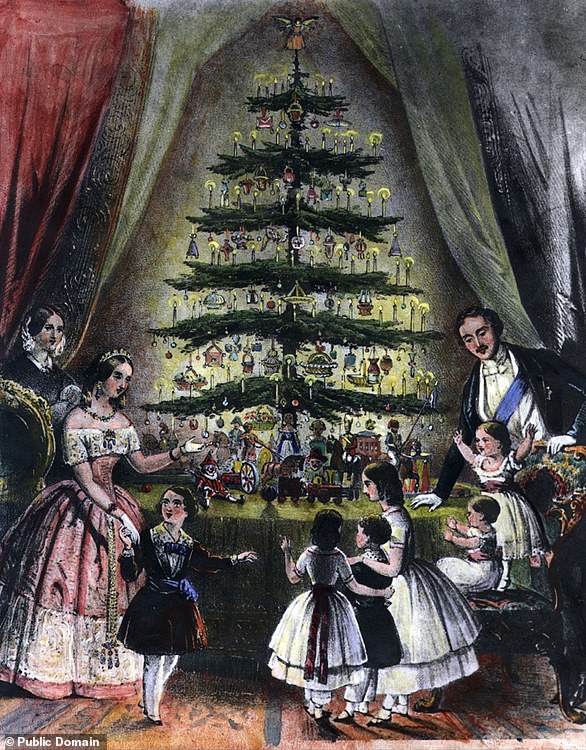 Queen Victoria, Prince Albert and their children gather around a Christmas tree, December 1848