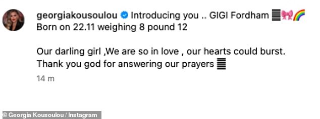 She wrote, “Introducing you.. GIGI Fordham. Born on 22.11 weighing 8lbs 12. Our sweet girl, we are so in love our hearts could burst. Thank you God for answering our prayers'
