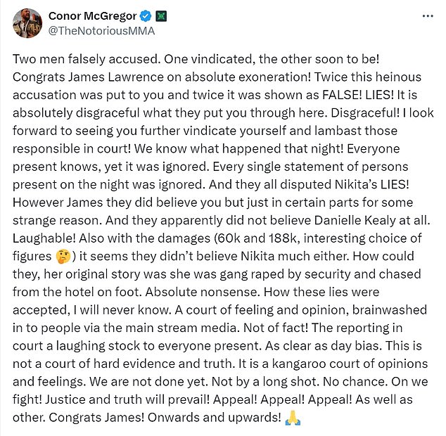 McGregor took aim at the decision, highlighting his friend's 'justification' to his 10 million followers on X. He has since deleted this post