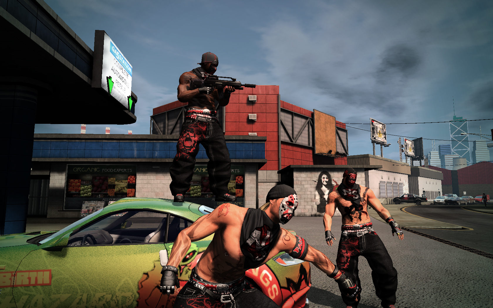 A pair of tattooed gangsters stand around and on top of a lime green sports car in APB All Points Bulletin