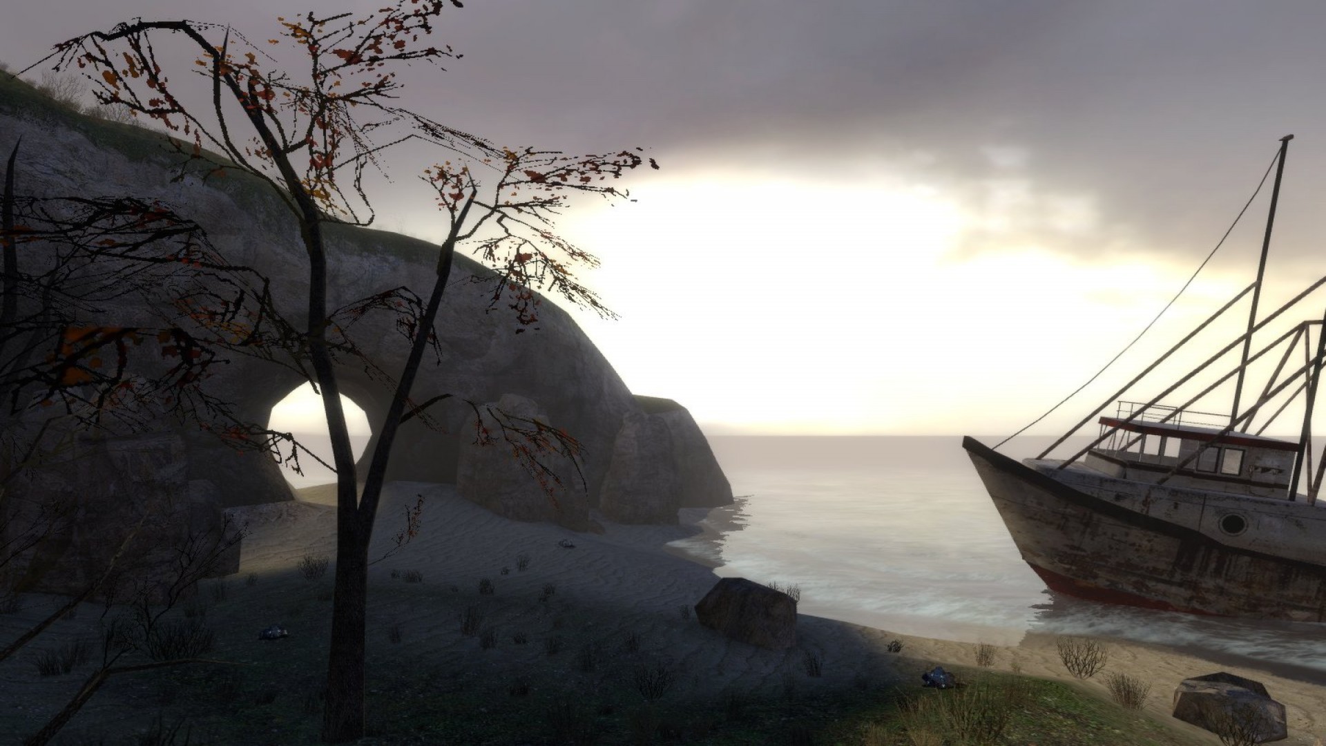 A screenshot of a stranded ship washing up along the shore of an island in MINERVA: Metastasis.