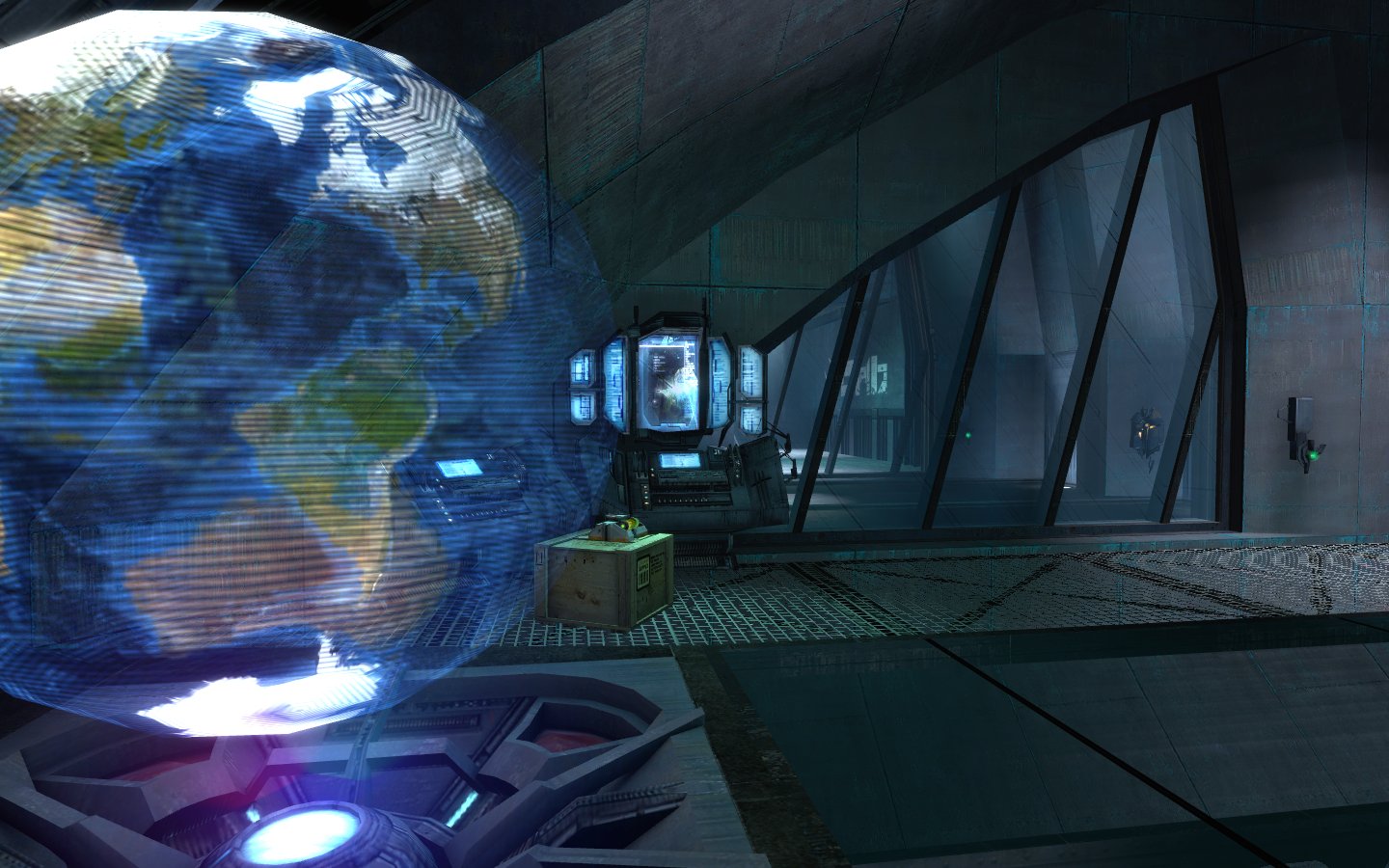 A screenshot of a holographic projection of Earth in a dark metal corridor in MINERVA: Metastasis.