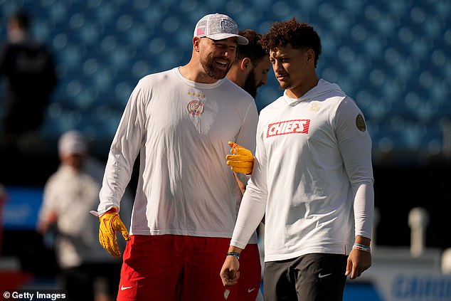 Kelce quickly got on the court to warm up for the game with Patrick Mahomes