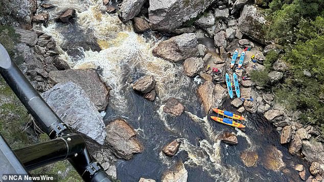 Scene from the Franklin River rescue where a man in his 60s became trapped and had his leg amputated. Photo: Tasmania Police