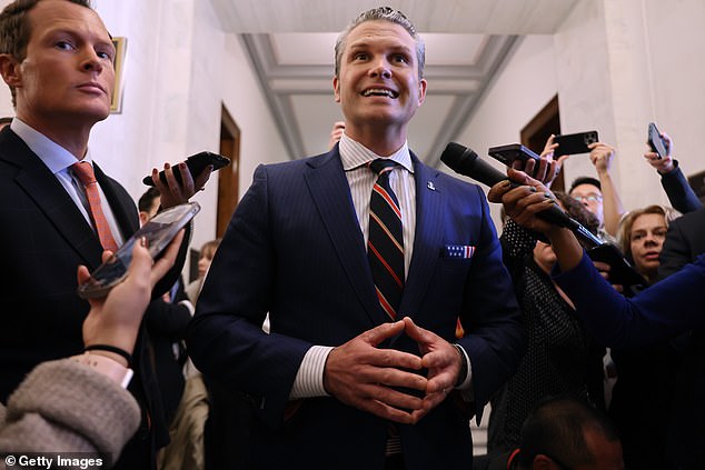 Pete Hegseth spoke to reporters while on the Hill Nov. 21 meeting with senators as he tries to drum up support for his confirmation as defense secretary. He is accused of sexual abuse, but denies the accusations