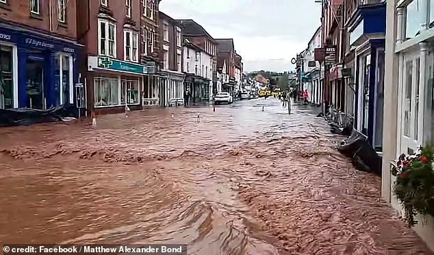 The town was flooded earlier today when the nearby Kyre Brook rose and caused a wall to collapse