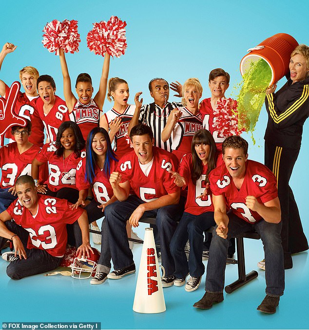 Breakout role: The actress is best known for her role on Glee during its six seasons starting in 2009; the cast is pictured (above) Chord Overstreet, Harry Shum Jr., Naya Rivera, Dianna Agron, Iqbal Theba, Heather Morris, Chris Colfer and Jane Lynch. (bottom row) Kevin McHale, Mark Salling (floor), Amber Riley, Jenna Ushkowitz, Cory Monteith, Lea Michele and Matthew Morrison