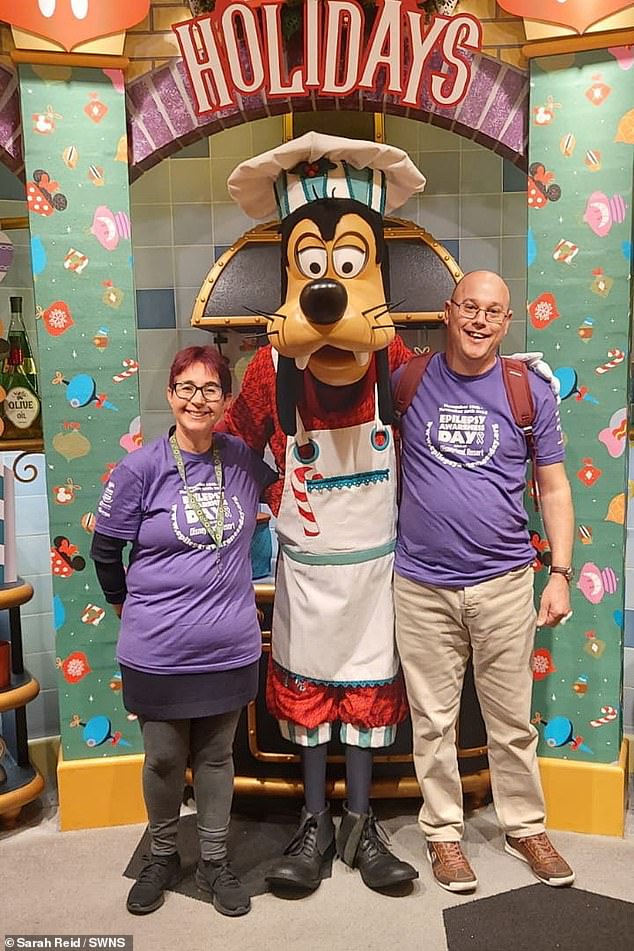 Pictured: Sarah Reid and husband Mark at Disneyland, California. Mum-of-two Sarah said ahead of the trip: 'It will be the first time my husband and I have traveled without the kids – it feels bittersweet'