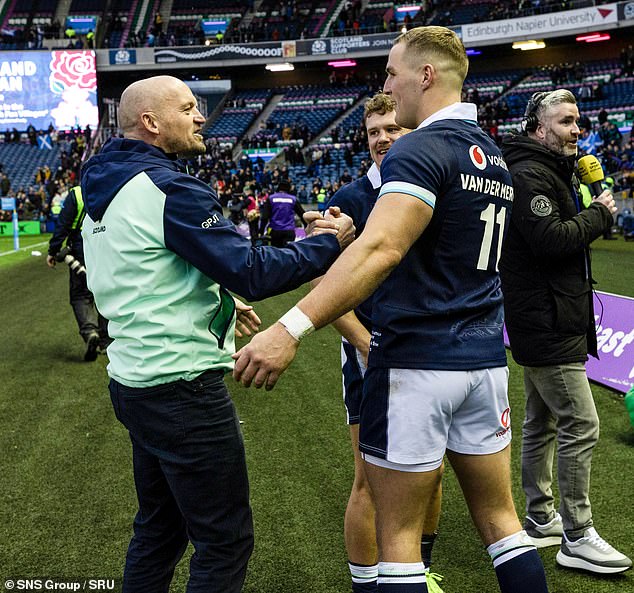 A jubilant Gregor Townsend enjoys the victory with Duhan van der Merwe and Darcy Graham