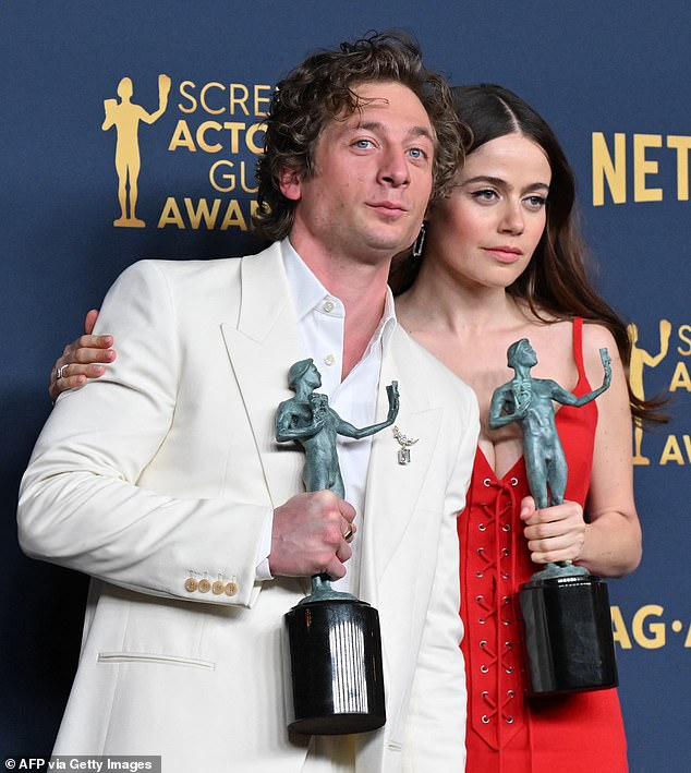 Their chemistry was sparked on the set of their hit FX on Hulu series The Bear; pictured in February at the 30th annual Screen Actors Guild Awards