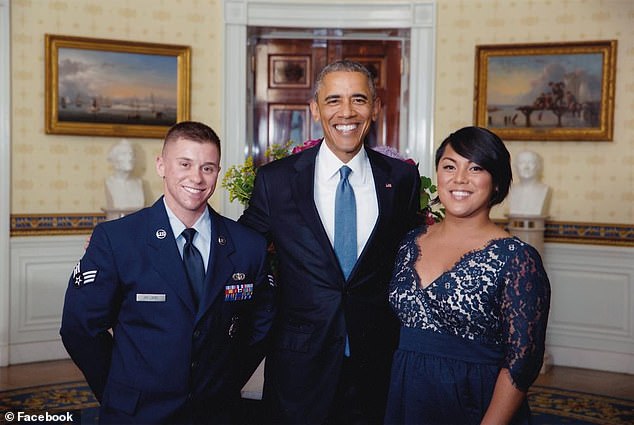 Barack Obama pictured with transgender Staff Sergeant Logan Ireland after the then-president lifted regulations on transgender services in 2016