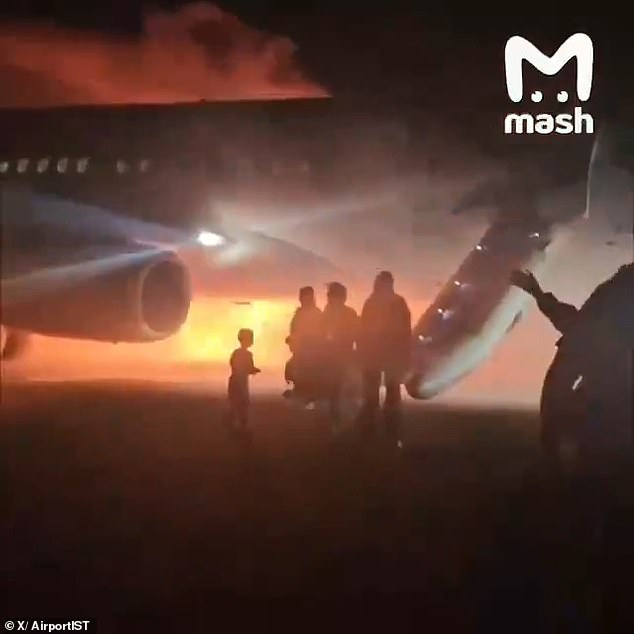 Dramatic footage shows dozens of passengers - including children - fleeing the burning plane as sirens blare in the background