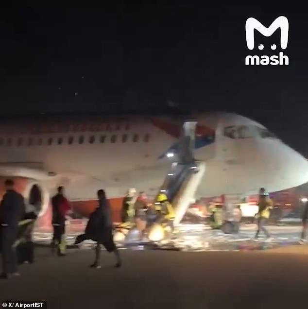 The Russian Sukhoi Superjet 100 passenger plane operated by Azimuth Airlines caught fire on Sunday after landing at Antalya airport on the Mediterranean coast. Here you can see emergency services on site