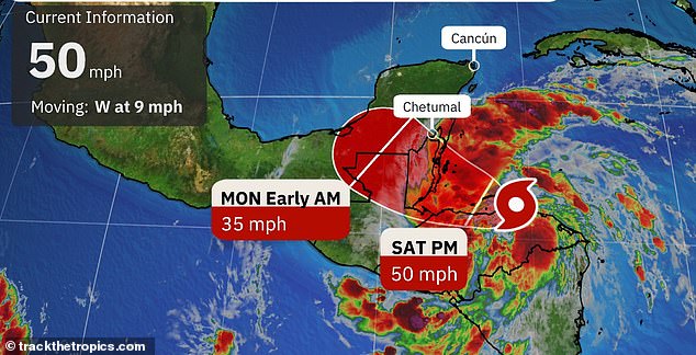 Sara is currently moving at a speed of 14 km per hour with winds of up to 80 km per hour as she approaches Belize and the Yucatan Peninsula