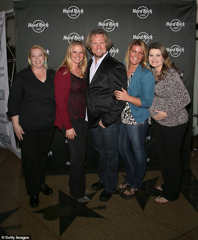 Sister Wives airs Sunday nights at 10pm ET on TLC; Janelle, Christine, Kody, Meri and Robyn pictured in 2015 in Las Vegas, Nevada