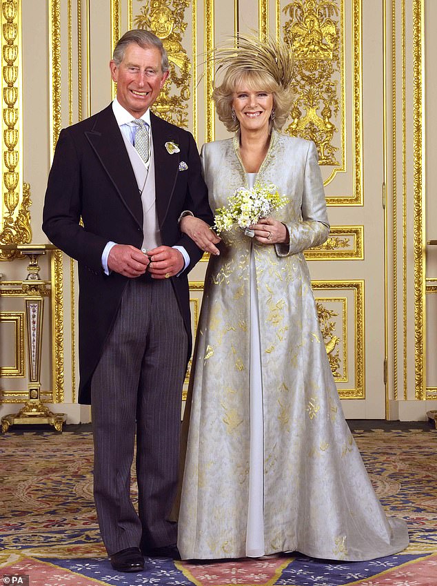 Charles and Camilla pictured on their wedding day, in 2005, in the White Drawing Room at Windsor Castle