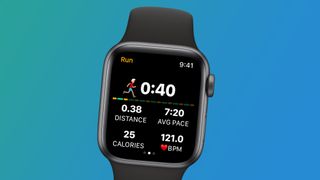 An Apple Watch on a blue background with the Watch to 5K app