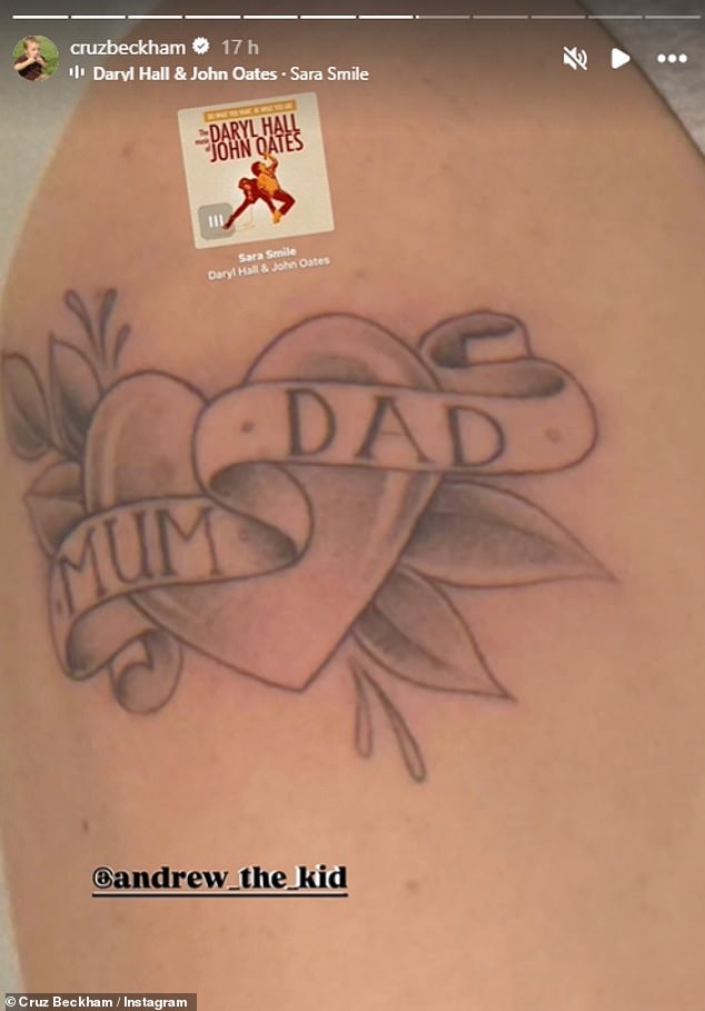 For his new tattoo, Cruz chose a traditional love heart with floral details behind it and then the words MUM and DAD printed in capital letters