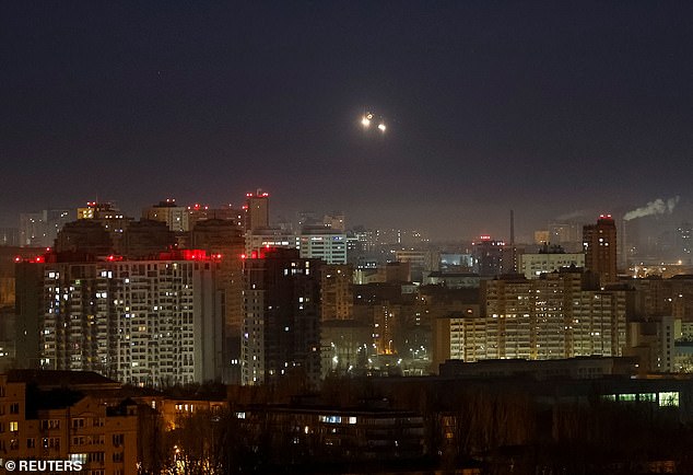 Explosions are seen in the skies over the city during a Russian drone strike, amid the Russian attack on Ukraine, in Kiev, Ukraine, November 25, 2024