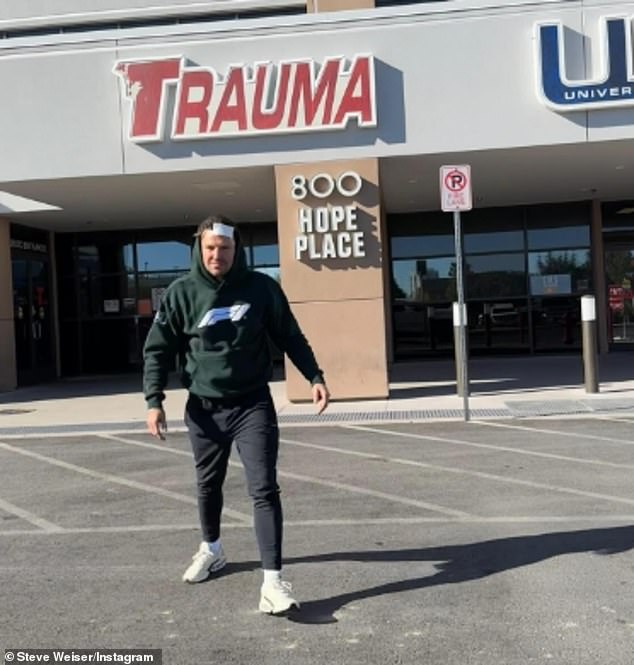 Mark was photographed walking out of the hospital after cutting his head open during the fall