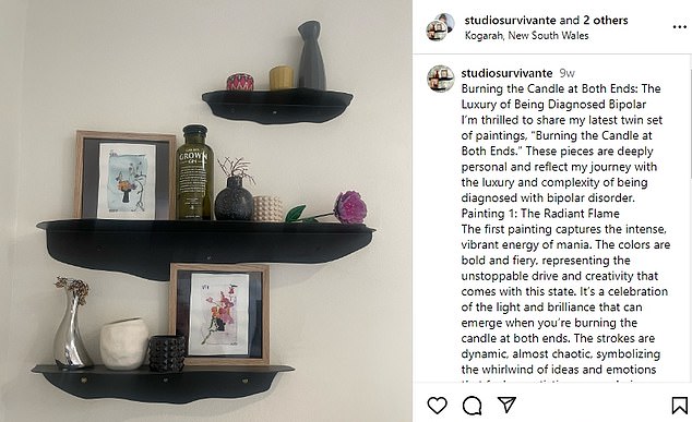 In recent weeks she has shared photos of her watercolor painting, inspired by Australian nature, which reflect her journey to being diagnosed with bipolar disorder