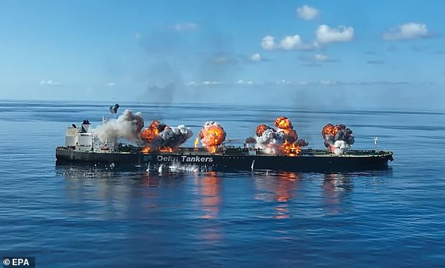 Smoke rising from the Sounion after the Houthis attacks in Yemen, in the Red Sea, August 29