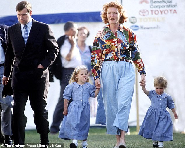 Prince Andrew walks next to Sarah as she holds her daughters' hands at the Royal Windsor Horse Show in 1992, just after their official divorce