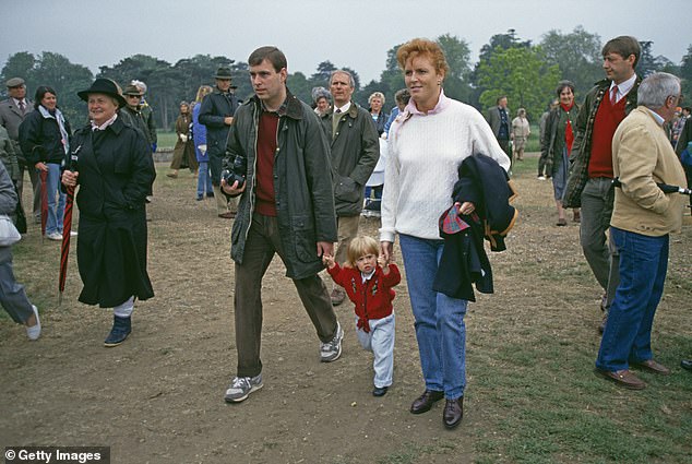 Sarah with Andrew and Beatrice at the Royal Windsor Horse Show in 1990