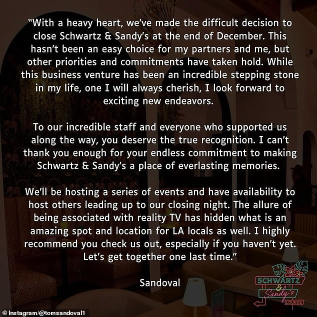 Tom Sandoval and Tom Schwartz announced the end of their Franklin Village restaurant in separate statements on their social media accounts on Monday