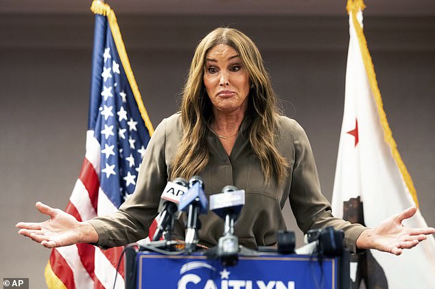 Caitlyn Jenner speaks at a press conference as she participated in the 2021 recall election against Governor Gavin Newsom. The recall failed and Jenner received only 1 percent of support as a replacement