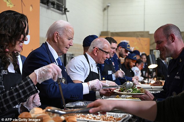 President Joe Biden spoons some Brussels sprouts onto a Thanksgiving plate during a 