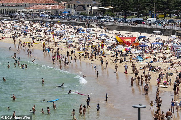 A heatwave warning remains in force for parts of NSW on Tuesday and is expected to worsen on Wednesday before easing later in the week (pictured, Bondi Beach on Sunday)