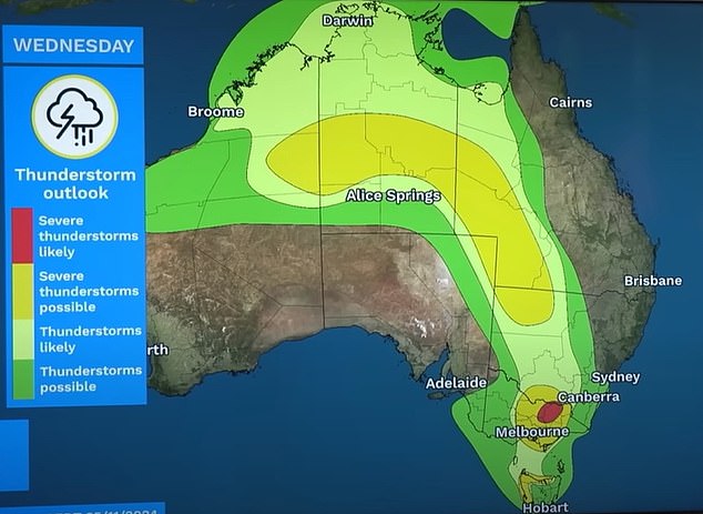 The severe thunderstorms will bring damaging winds, large hail and heavy rain, with the risk of flooding in some parts of the country (pictured, forecast storms across Australia)