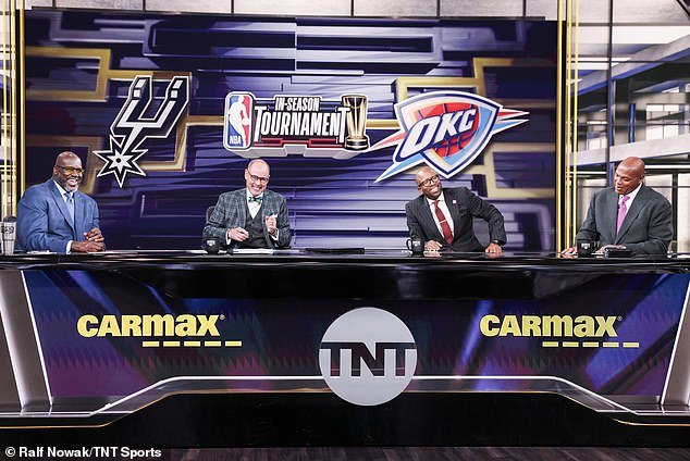 Shaquille O'Neal (left), Ernie Johnson (center left), Kenny Smith (center right) and Charles Barkley (right) are seen during a broadcast of the 2023-2024 NBA season