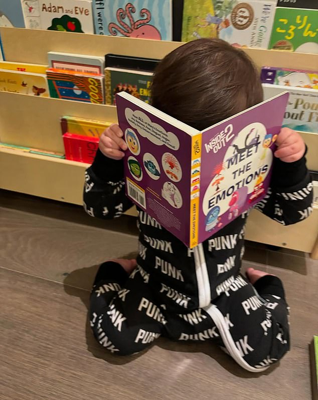 In one of the cutest shots, Rocky hides behind an Inside Out 2 book while rocking in his pajamas and sitting on the floor in pure toddler bliss