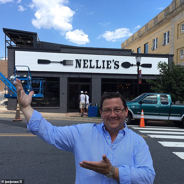 Pictured: Kevin Jonas Sr., father of the Jonas Brothers, stands in front of Nellie's Southern Kitchen in Belmont, North Carolina