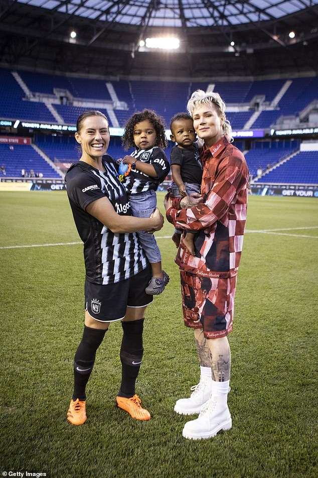 The former couple first met while playing for the United States national team in 2010 before marrying from 2019 to 2023. During their marriage, they adopted two children: daughter Sloane and son Ocean.; pictured in May 2023 in New Jersey