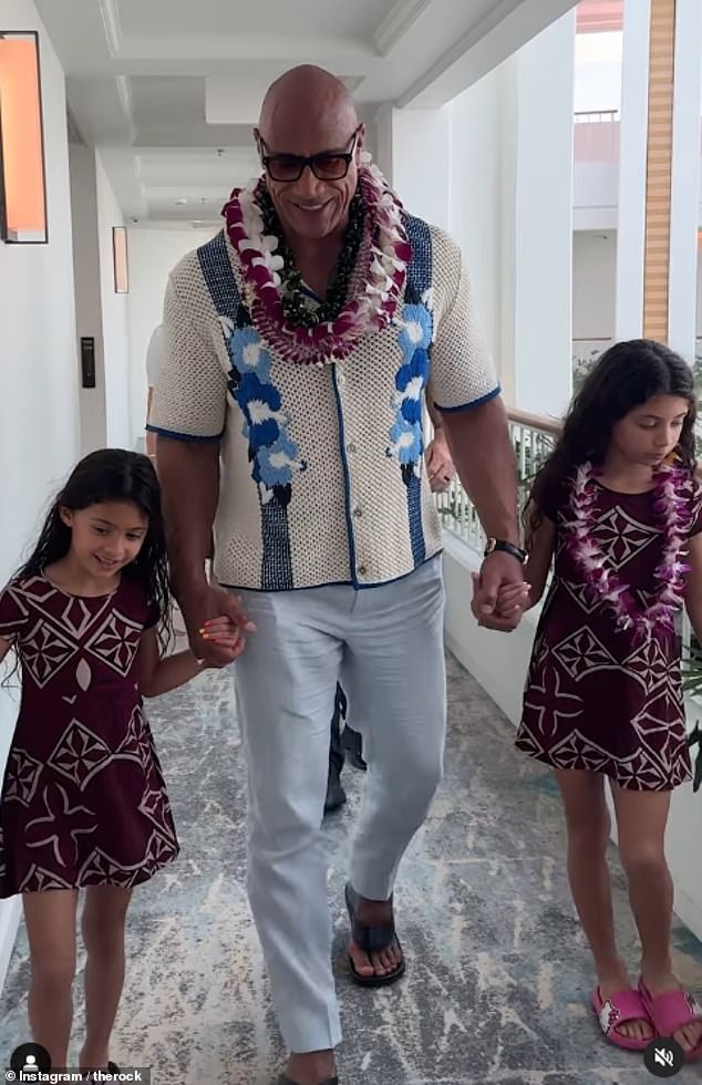 The actor, 52, who voices Maui in the franchise and plays the character in the live-action remake, also brought along his daughters Tiana, six, and Jasmine, eight, for the heartwarming day.