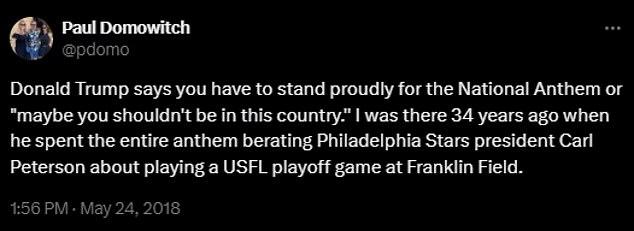 Paul Domowitch of the Philadelphia Daily News also reported Trump's anthem habits in the USFL